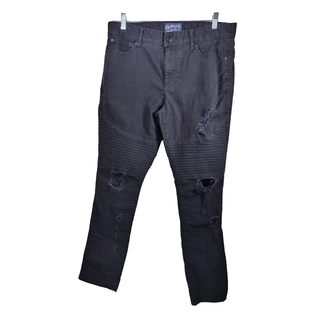 American Rag Mens Biker Jeans 33x32 Black Distressed Ribbed Moto Slim Tapered